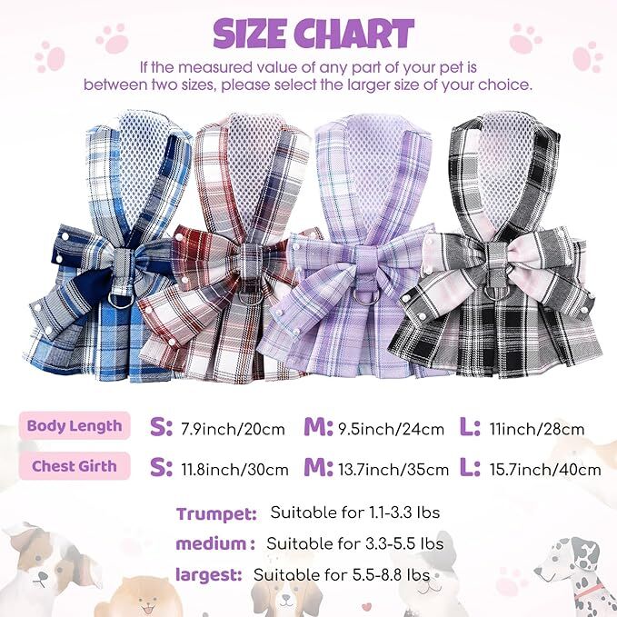 pet products Dog Dress Bowknot Harness Leash Set for Small Dogs Girl Cute Plaid Dog Dress Pearls Bow Tie Spring Summer Princess Clothes Birthday Holiday Doggie Outfits for Puppy Cats Girl Apparel - Image 6